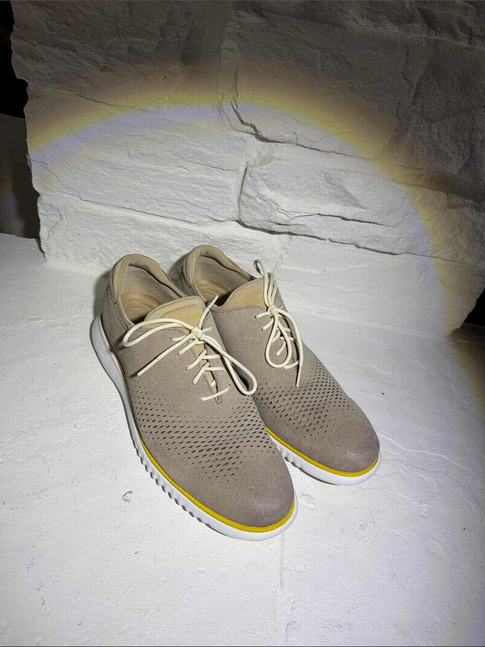 Cole Haan Taupe Suede Lace-Up Derbys with White Sole and Yellow Accent